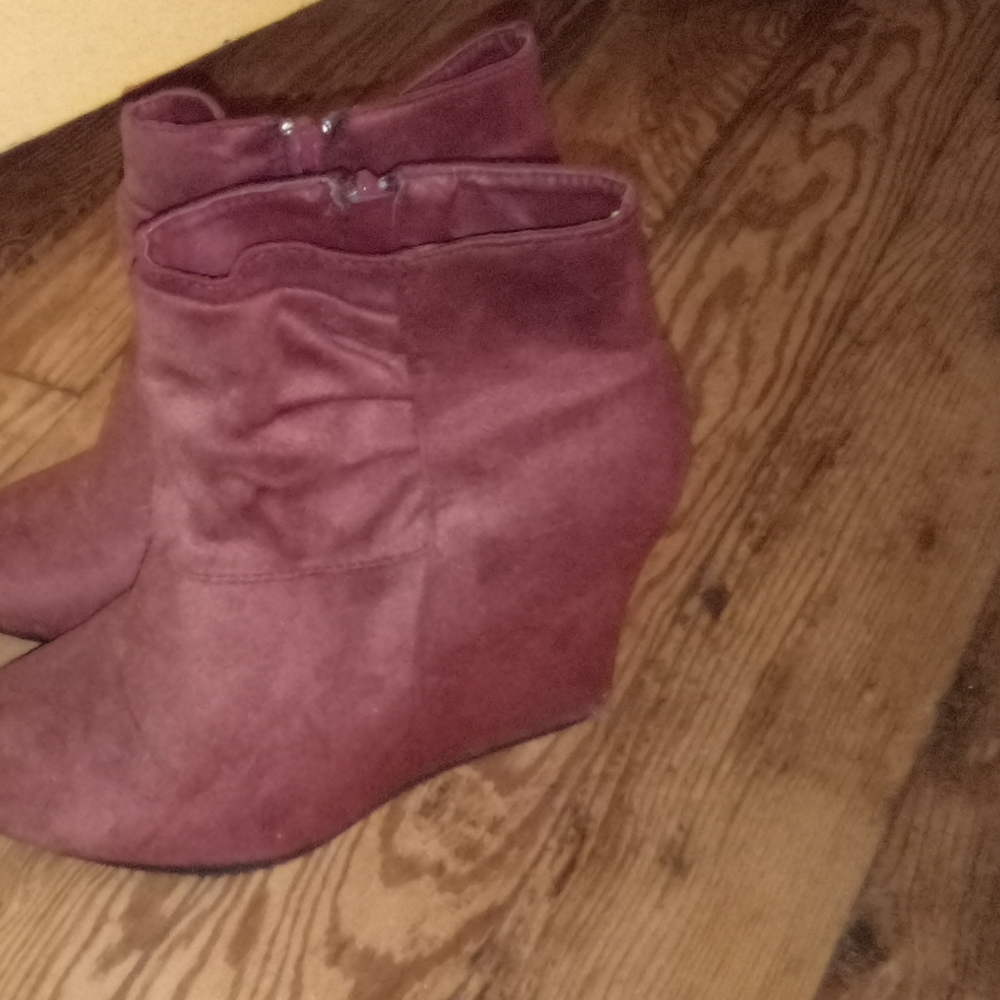 Wine red suede wedge booties.